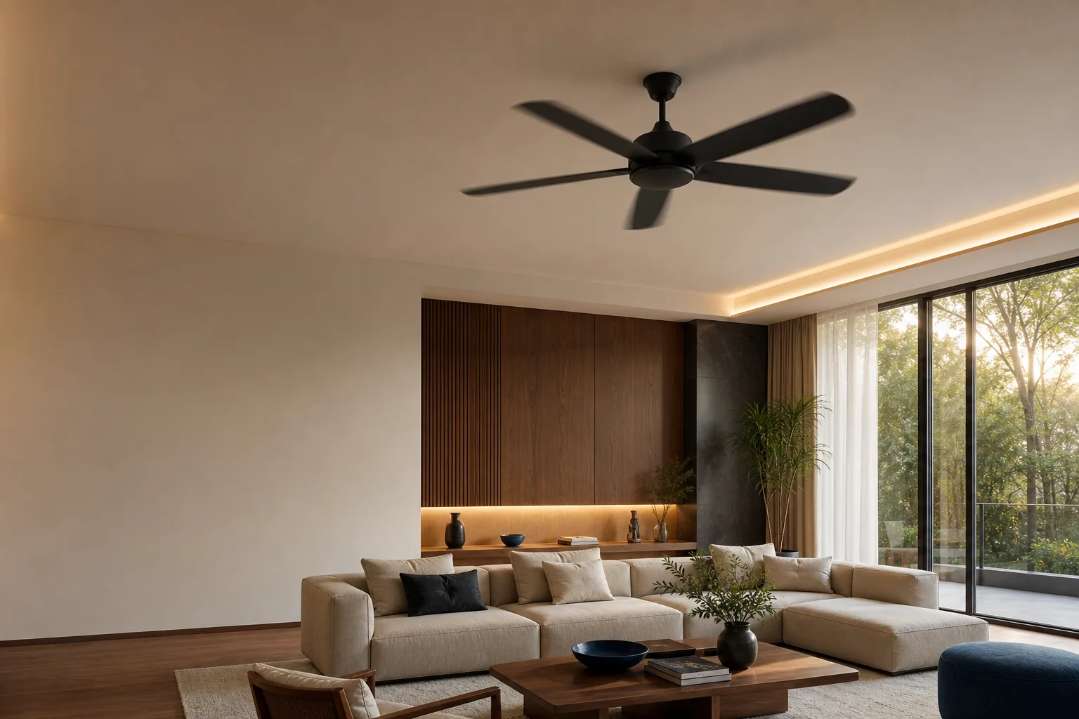 Modern residential living room with a ceiling fan controlled by Huashi electronics