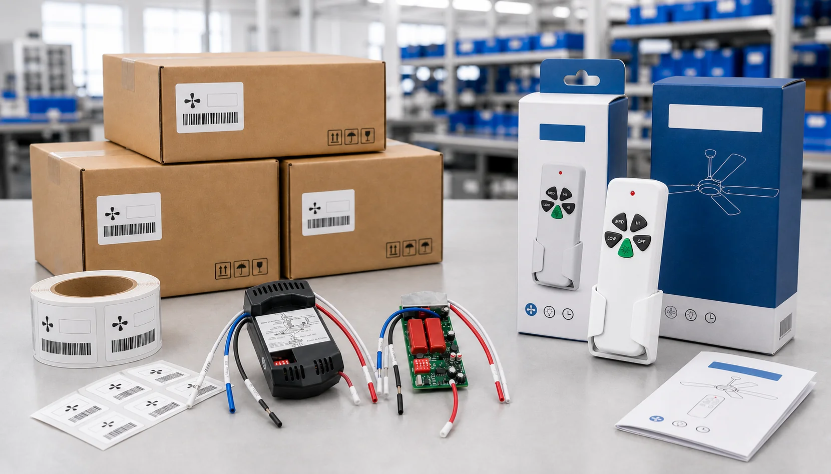 Private label and bulk supply ceiling fan remote controls with custom packaging, receiver module, PCB board, barcode labels and shipping cartons