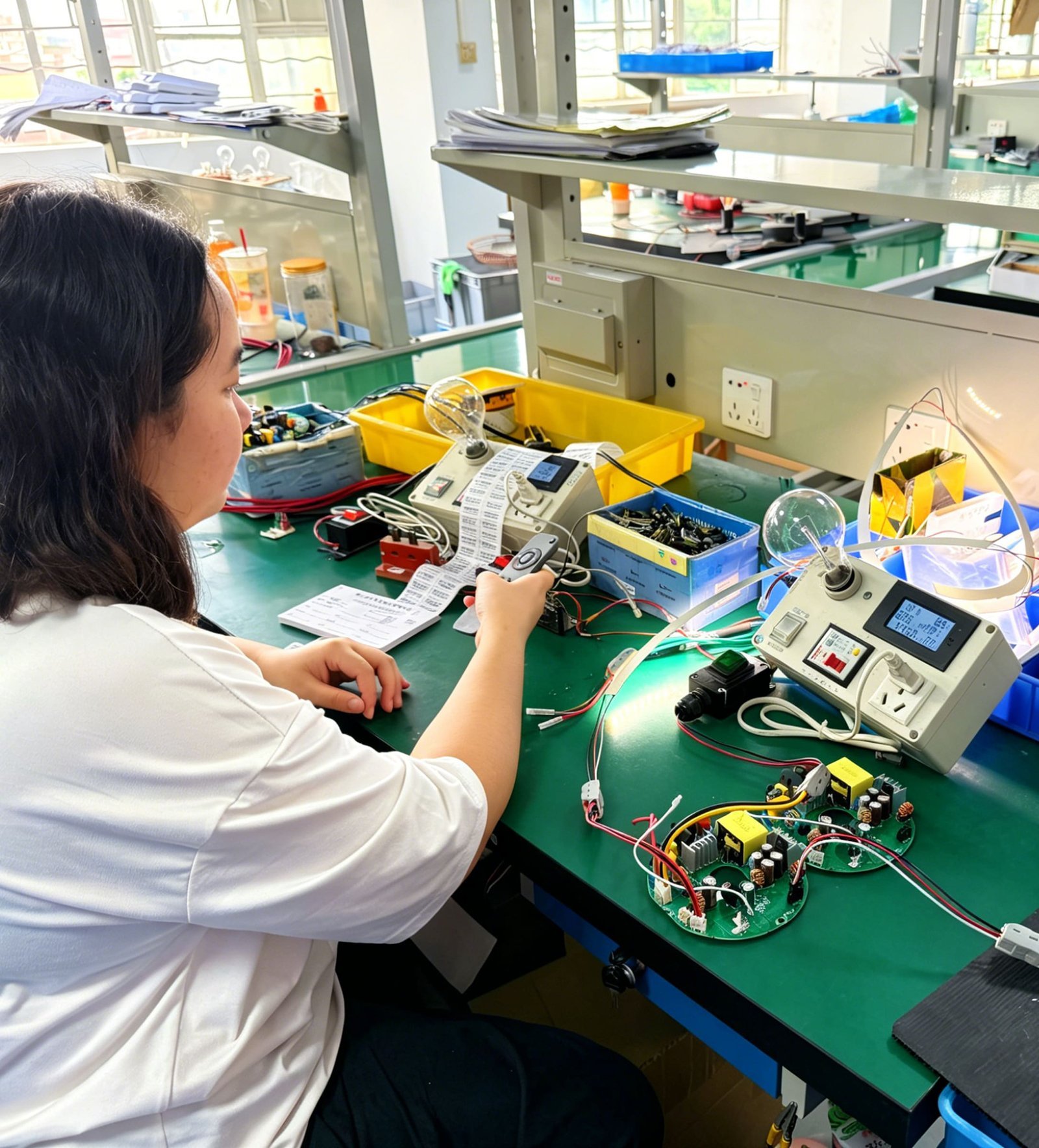 Huashi technician performing final quality testing on ceiling fan control electronics