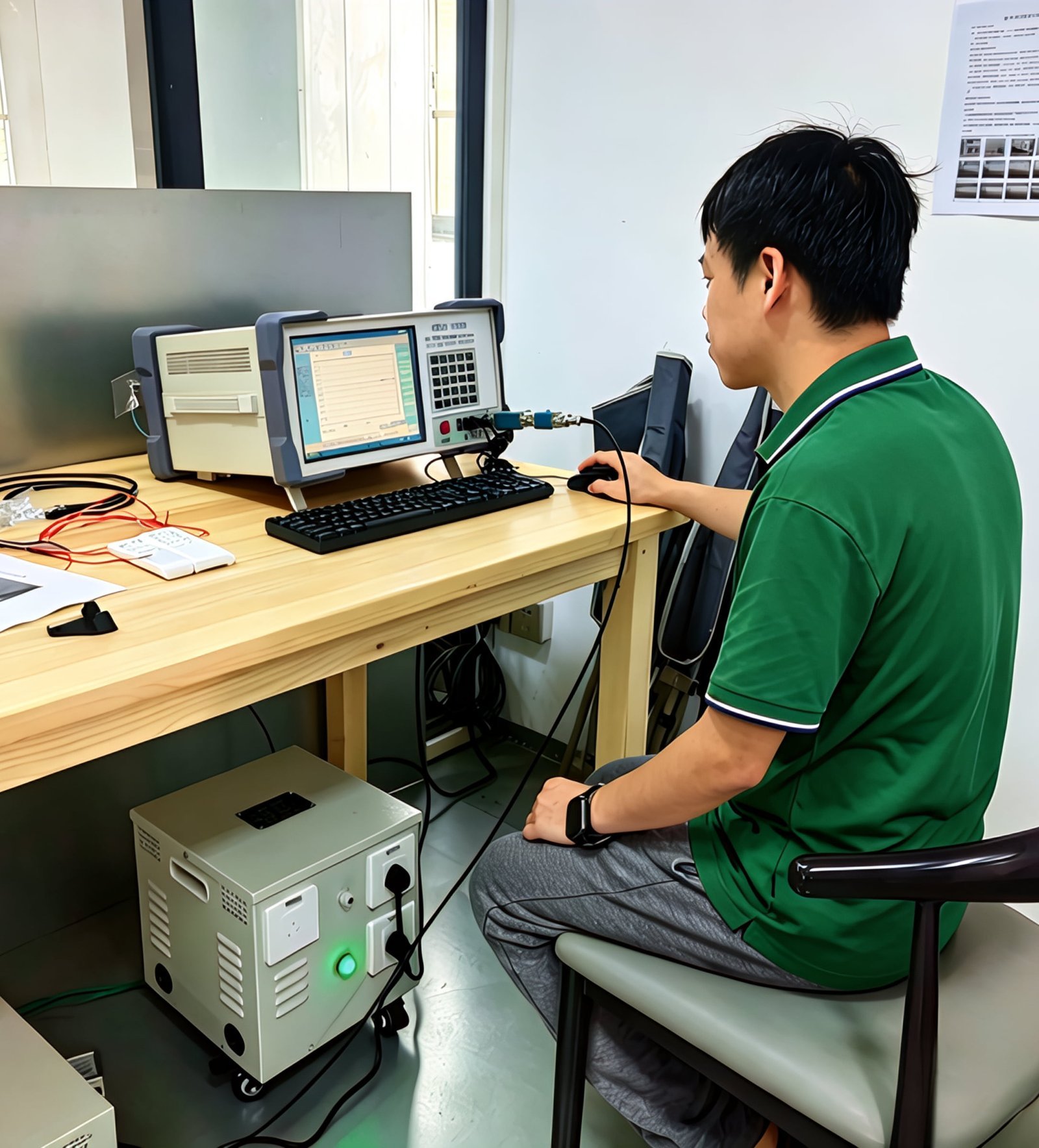 Huashi engineer performing R&D signal testing for a ceiling fan controller