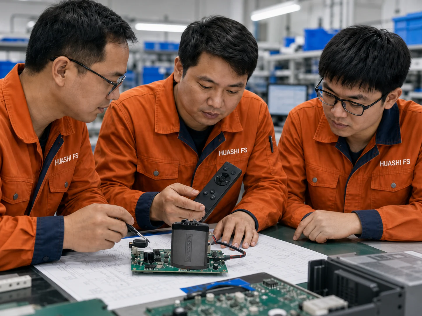 Huashi FS engineers reviewing a ceiling fan controller project