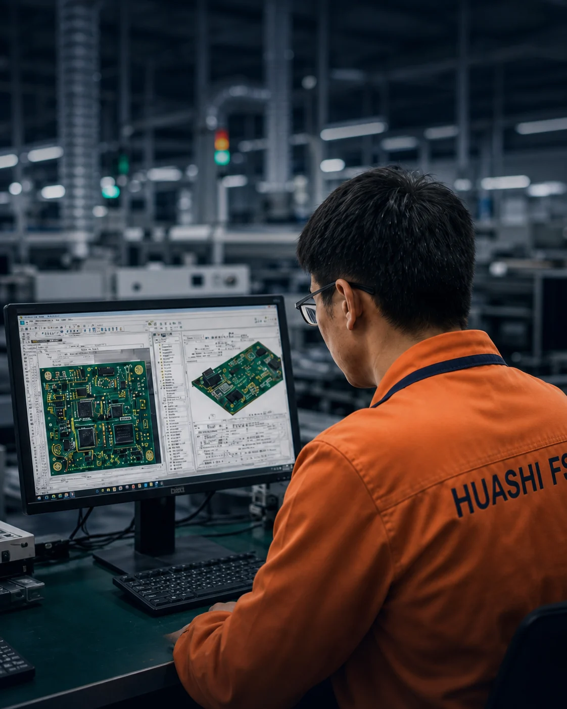 Engineer reviewing ceiling fan controller PCB design