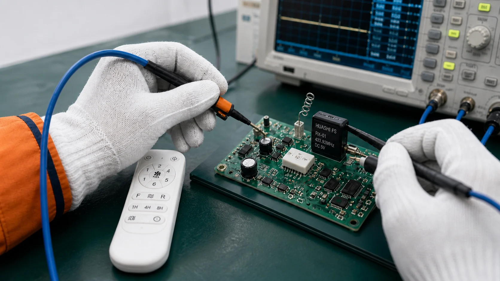 Technician testing a Huashi FS ceiling fan controller PCBA
