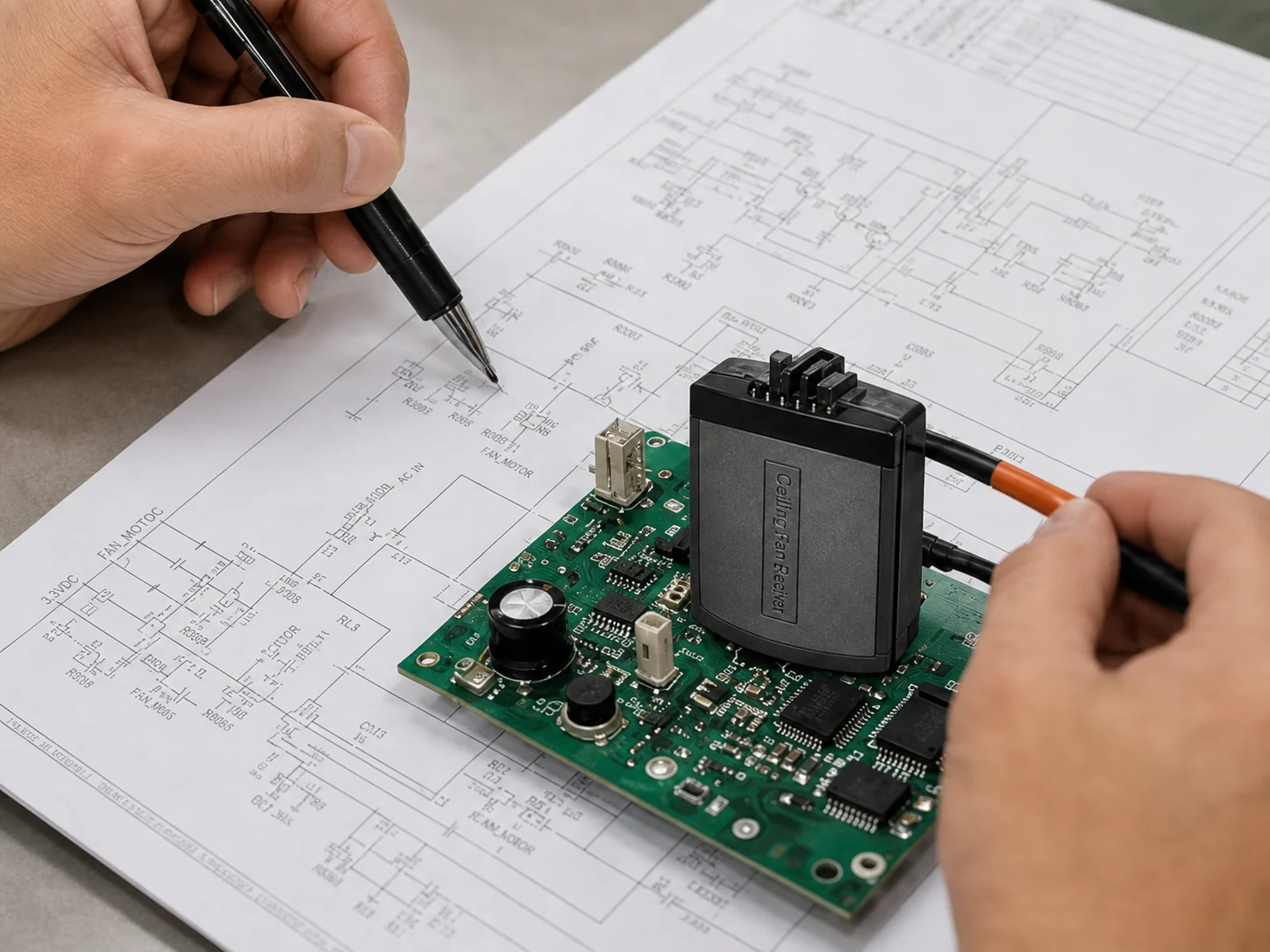 Ceiling fan receiver PCBA reviewed against an electrical schematic