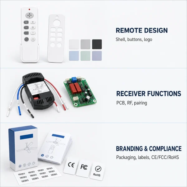 OEM ceiling fan remote customization options showing remote design, receiver functions, branding and compliance for custom fan control projects